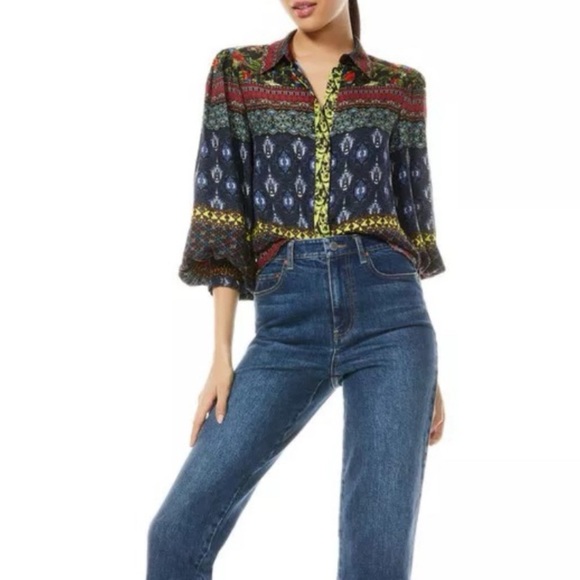 NWT Alice + Olivia Red Pattern Long Sleeve Silk Blouson Sleeve Blouse Size Small - Picture 2 of 6